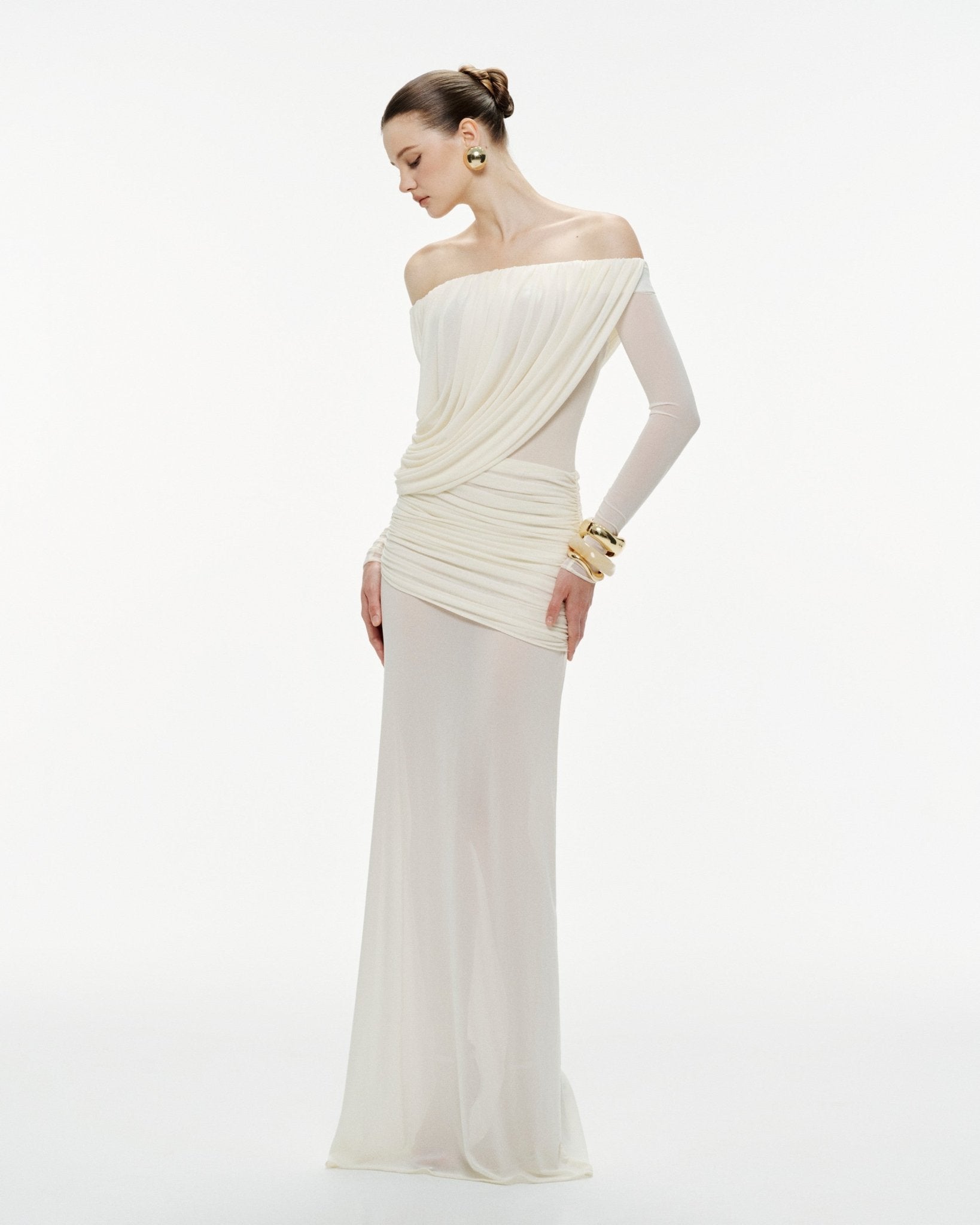 Bardot Neck Asymmetric Diagonal Draped Ruched Waist Sheer Skirt Formal Dress - MAYMOONLY