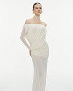 Bardot Neck Asymmetric Diagonal Draped Ruched Waist Sheer Skirt Formal Dress - MAYMOONLY