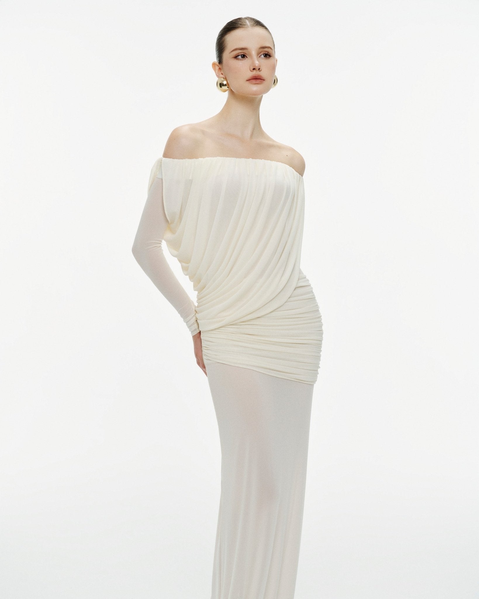 Bardot Neck Asymmetric Diagonal Draped Ruched Waist Sheer Skirt Formal Dress - MAYMOONLY