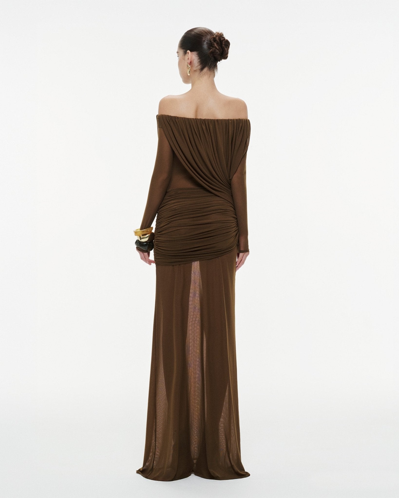 Bardot Neck Asymmetric Diagonal Draped Ruched Waist Sheer Skirt Formal Dress - MAYMOONLY