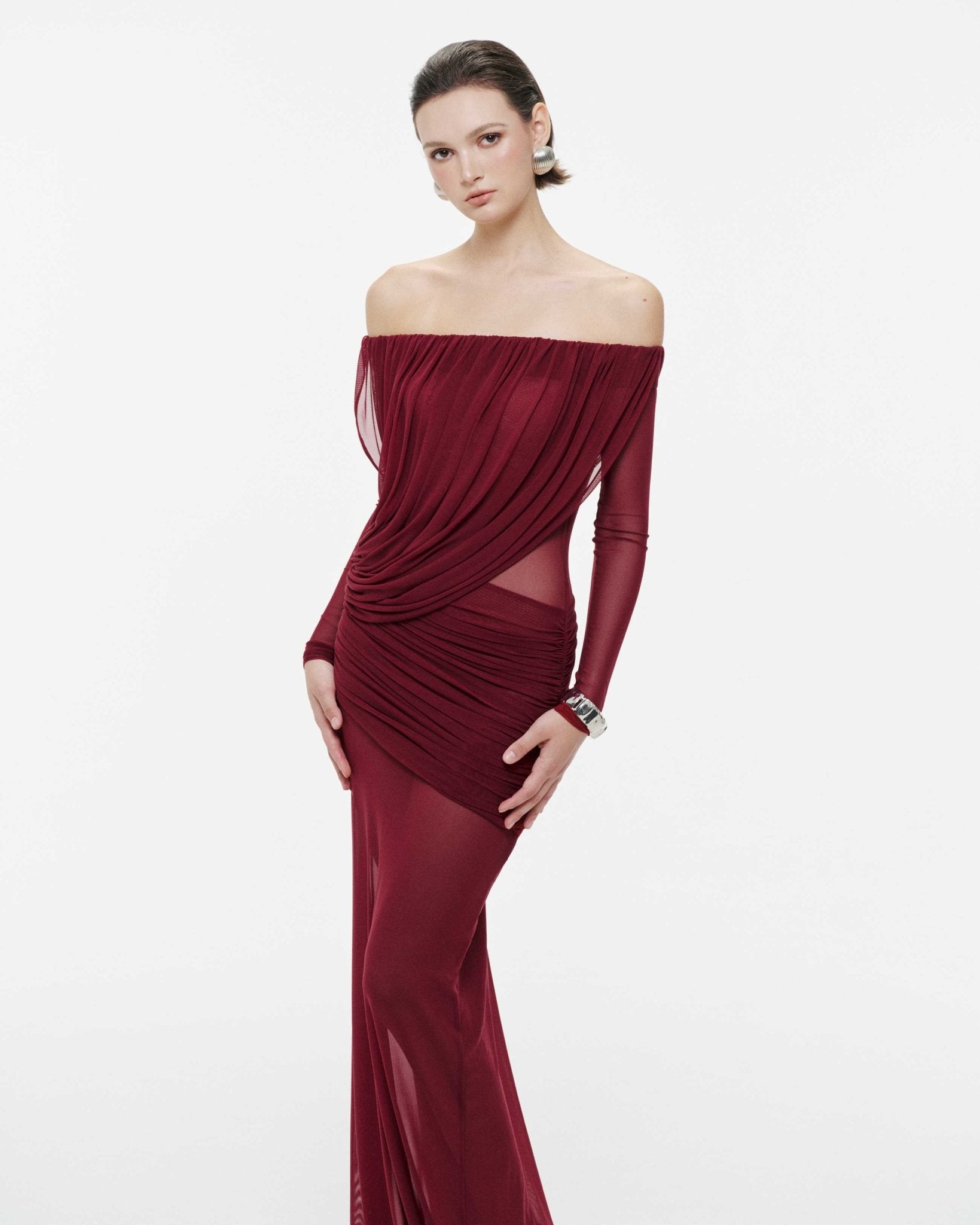 Bardot Neck Asymmetric Diagonal Draped Ruched Waist Sheer Skirt Formal Dress - MAYMOONLY
