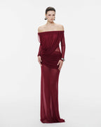 Bardot Neck Asymmetric Diagonal Draped Ruched Waist Sheer Skirt Formal Dress - MAYMOONLY