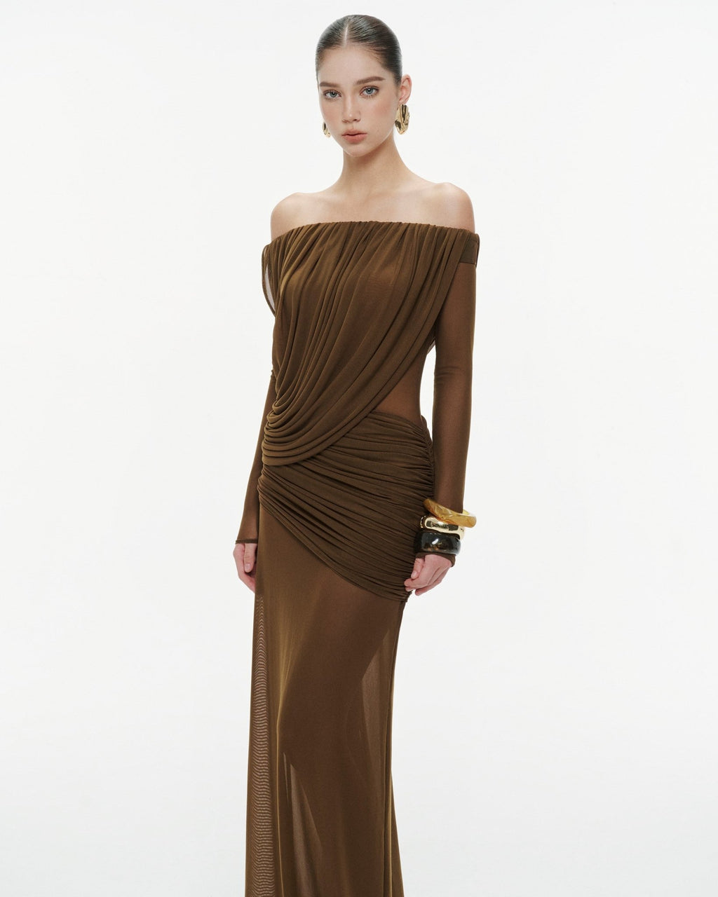 Bardot Neck Asymmetric Diagonal Draped Ruched Waist Sheer Skirt Formal Dress - MAYMOONLY