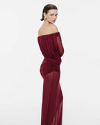 Bardot Neck Asymmetric Diagonal Draped Ruched Waist Sheer Skirt Formal Dress - MAYMOONLY