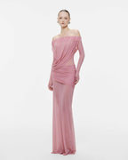 Bardot Neck Asymmetric Diagonal Draped Ruched Waist Sheer Skirt Formal Dress - MAYMOONLY