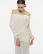 Bardot Neck Asymmetric Diagonal Draped Ruched Waist Sheer Skirt Formal Dress - MAYMOONLY