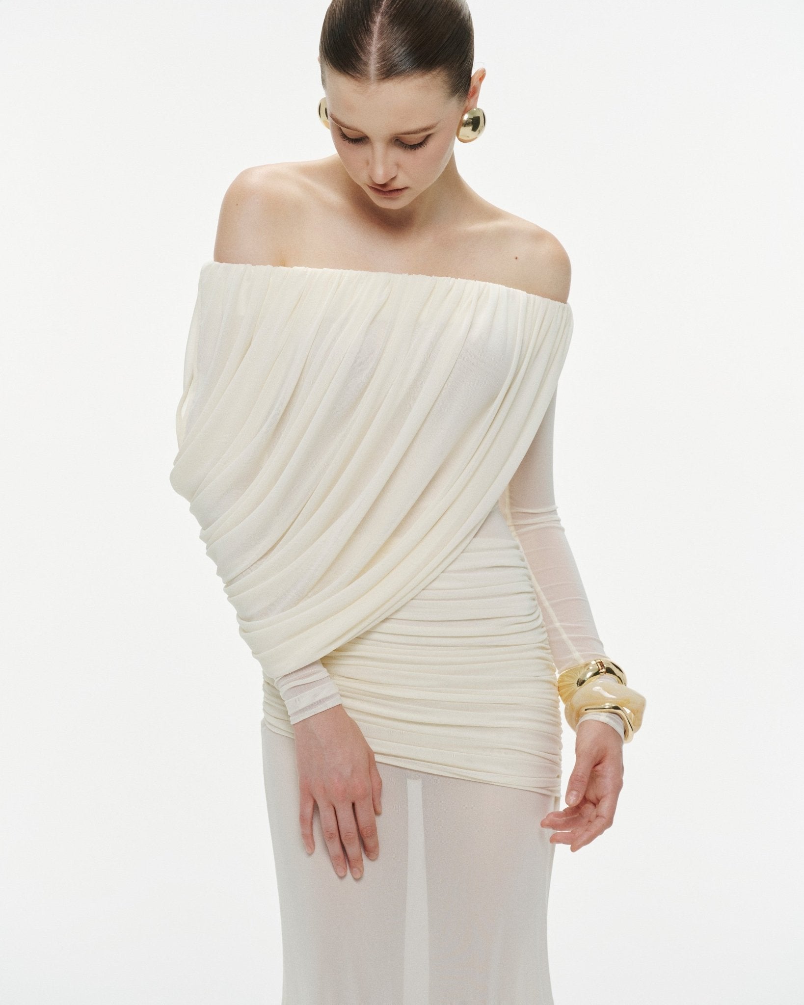 Bardot Neck Asymmetric Diagonal Draped Ruched Waist Sheer Skirt Formal Dress - MAYMOONLY