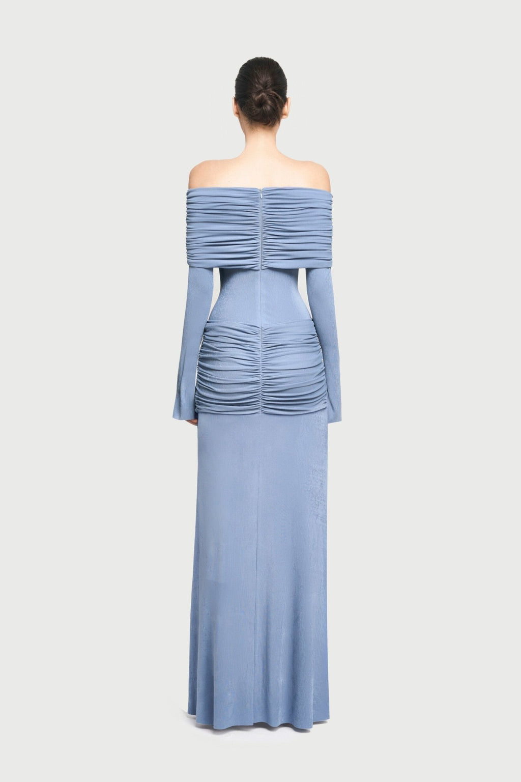 Bardot Off Shoulder Cross Twist Ruched Bodice Waist Gathered Long Sleeve Maxi Gown - MAYMOONLY