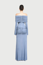 Bardot Off Shoulder Cross Twist Ruched Bodice Waist Gathered Long Sleeve Maxi Gown - MAYMOONLY
