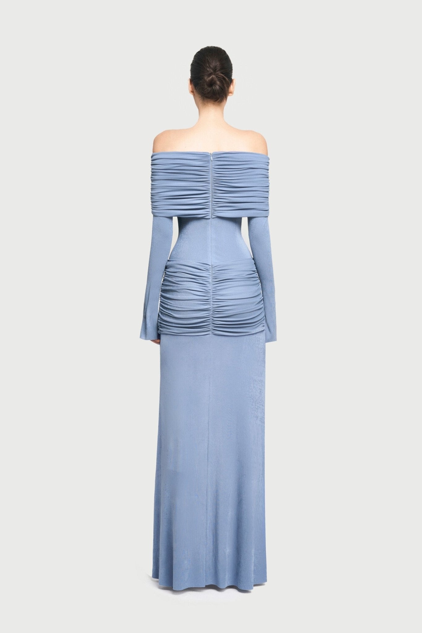 Bardot Off Shoulder Cross Twist Ruched Bodice Waist Gathered Long Sleeve Maxi Gown - MAYMOONLY