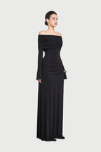 Bardot Off Shoulder Cross Twist Ruched Bodice Waist Gathered Long Sleeve Maxi Gown - MAYMOONLY