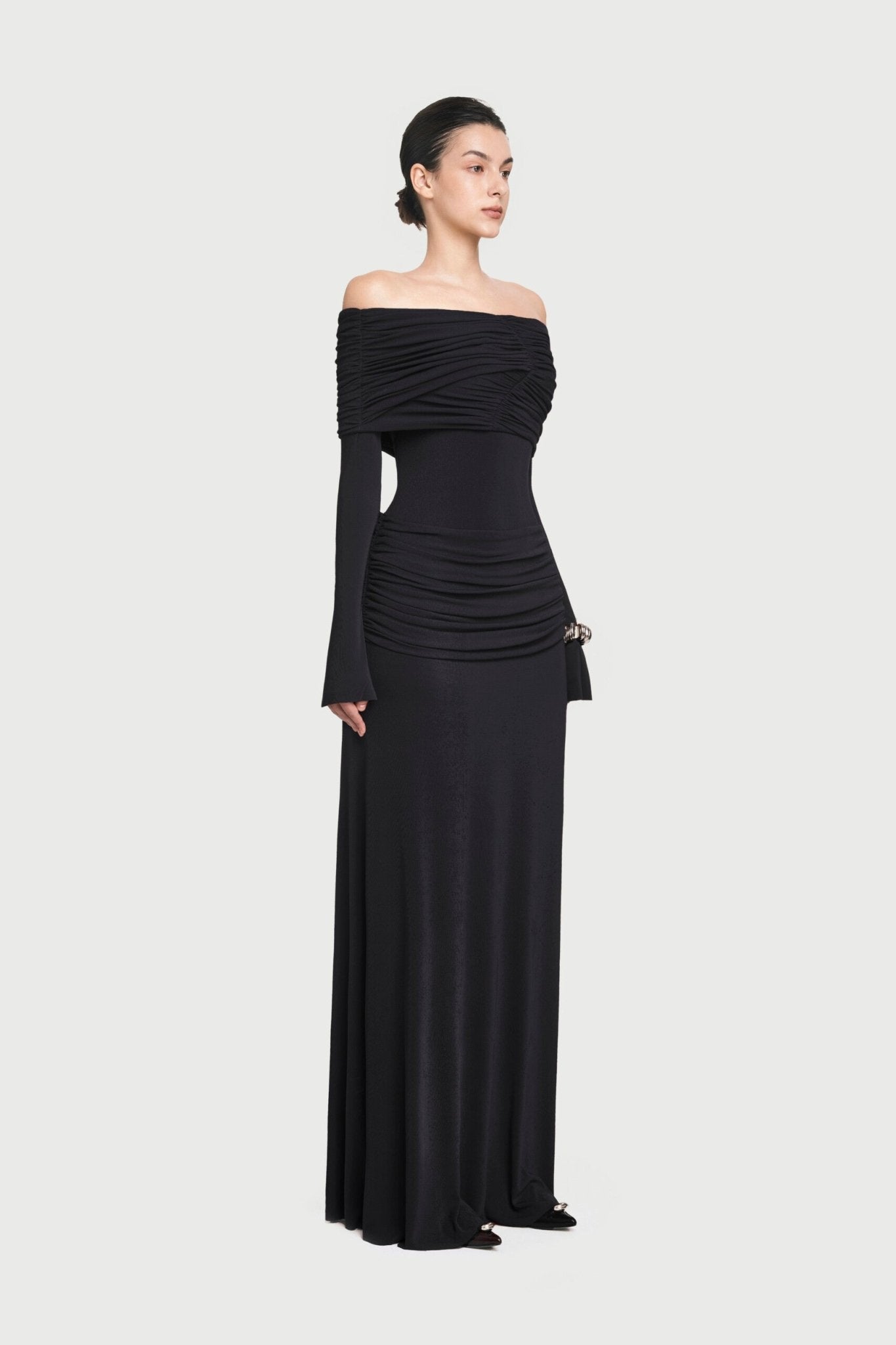 Bardot Off Shoulder Cross Twist Ruched Bodice Waist Gathered Long Sleeve Maxi Gown - MAYMOONLY