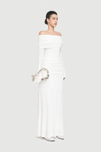 Bardot Off Shoulder Cross Twist Ruched Bodice Waist Gathered Long Sleeve Maxi Gown - MAYMOONLY