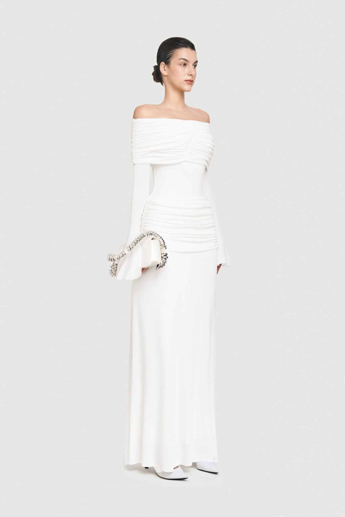 Bardot Off Shoulder Cross Twist Ruched Bodice Waist Gathered Long Sleeve Maxi Gown - MAYMOONLY