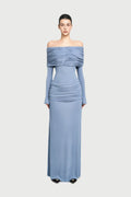 Bardot Off Shoulder Cross Twist Ruched Bodice Waist Gathered Long Sleeve Maxi Gown - MAYMOONLY