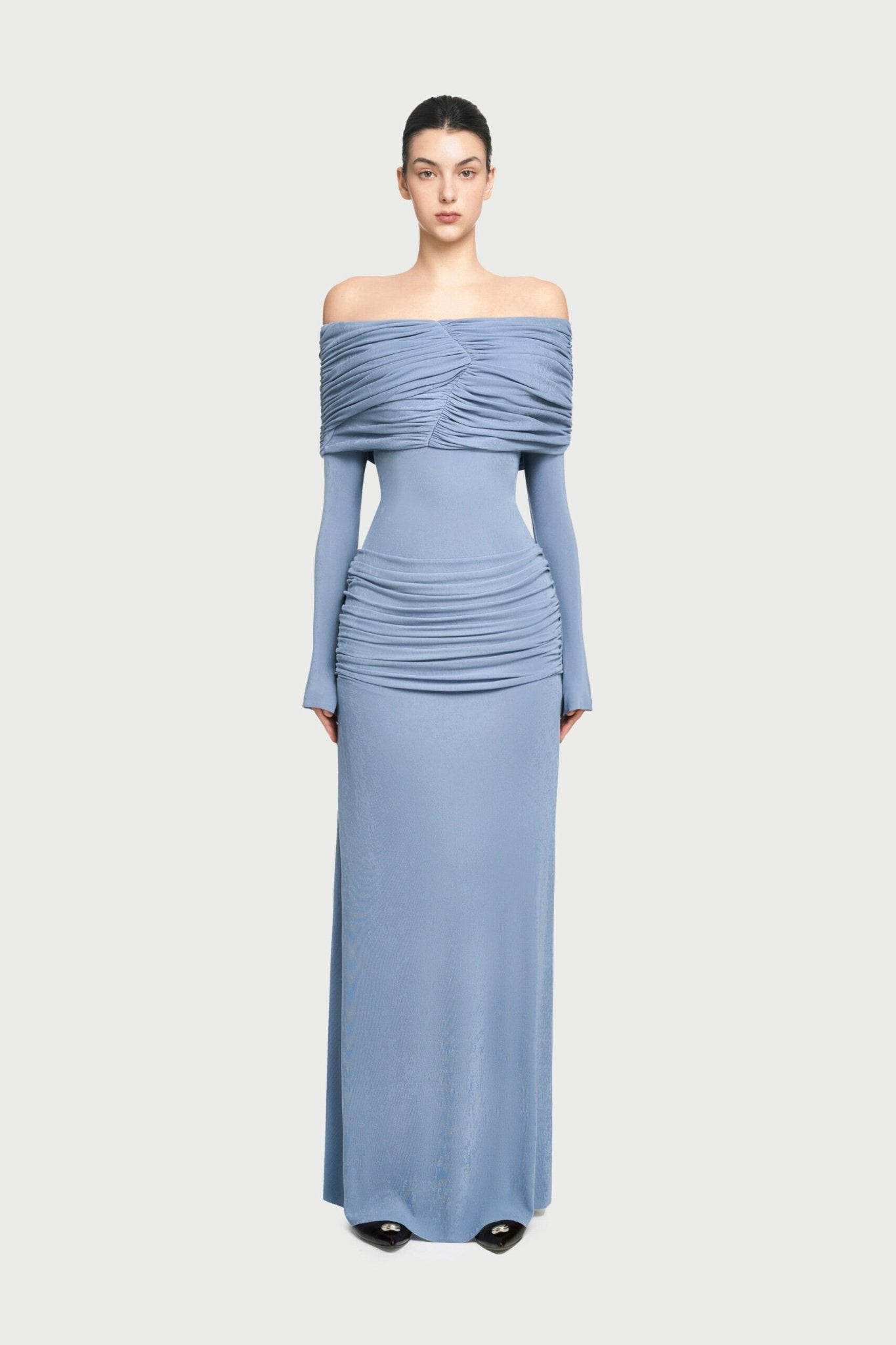 Bardot Off Shoulder Cross Twist Ruched Bodice Waist Gathered Long Sleeve Maxi Gown - MAYMOONLY