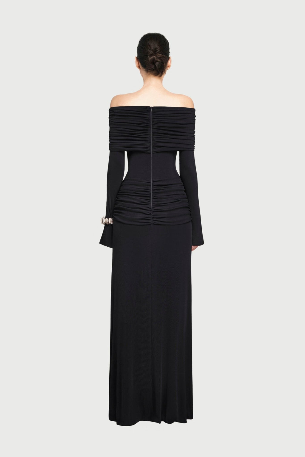 Bardot Off Shoulder Cross Twist Ruched Bodice Waist Gathered Long Sleeve Maxi Gown - MAYMOONLY