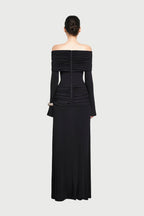 Bardot Off Shoulder Cross Twist Ruched Bodice Waist Gathered Long Sleeve Maxi Gown - MAYMOONLY