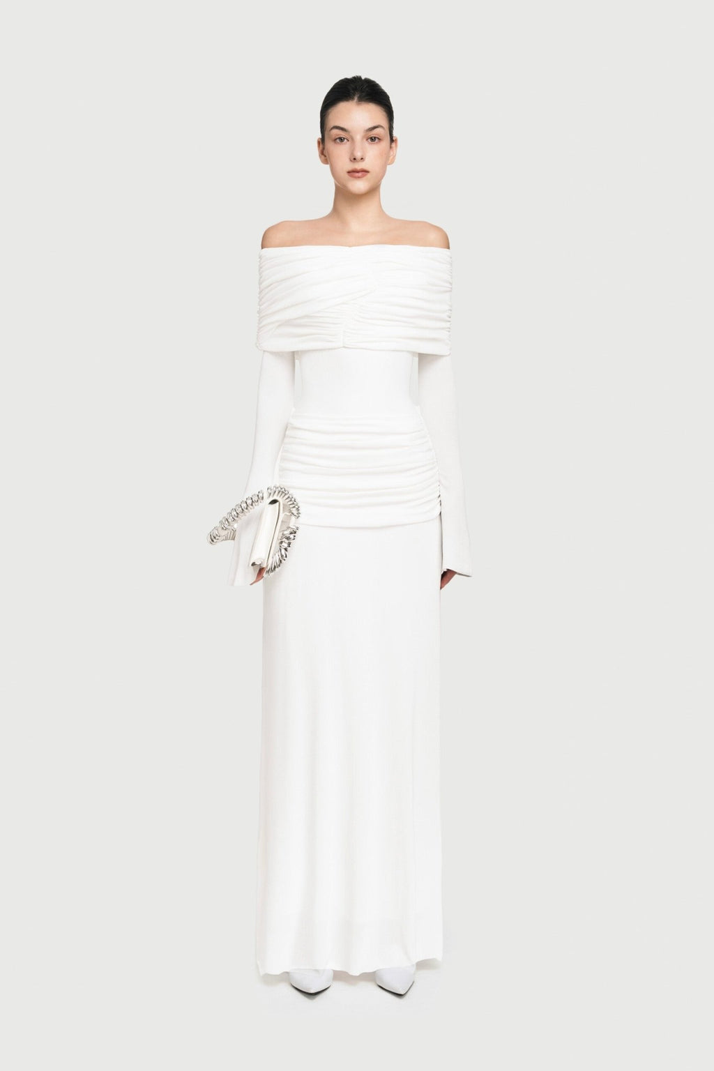 Bardot Off Shoulder Cross Twist Ruched Bodice Waist Gathered Long Sleeve Maxi Gown - MAYMOONLY