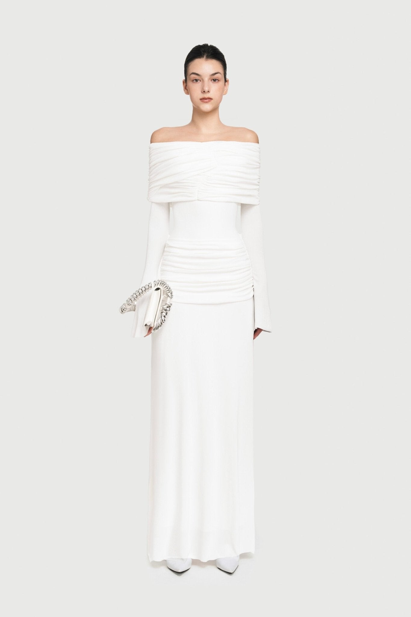 Bardot Off Shoulder Cross Twist Ruched Bodice Waist Gathered Long Sleeve Maxi Gown - MAYMOONLY