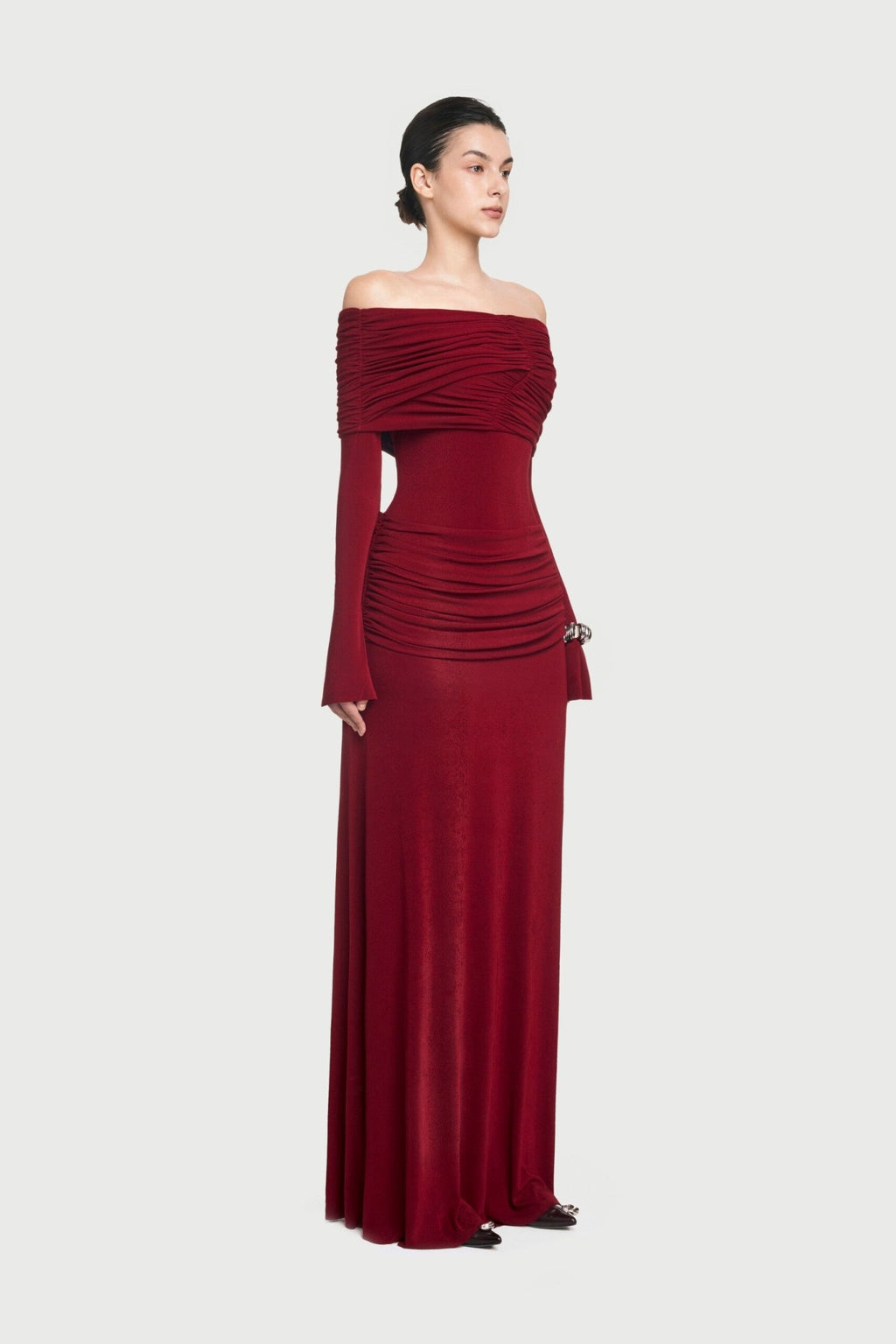 Bardot Off Shoulder Cross Twist Ruched Bodice Waist Gathered Long Sleeve Maxi Gown - MAYMOONLY