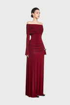 Bardot Off Shoulder Cross Twist Ruched Bodice Waist Gathered Long Sleeve Maxi Gown - MAYMOONLY