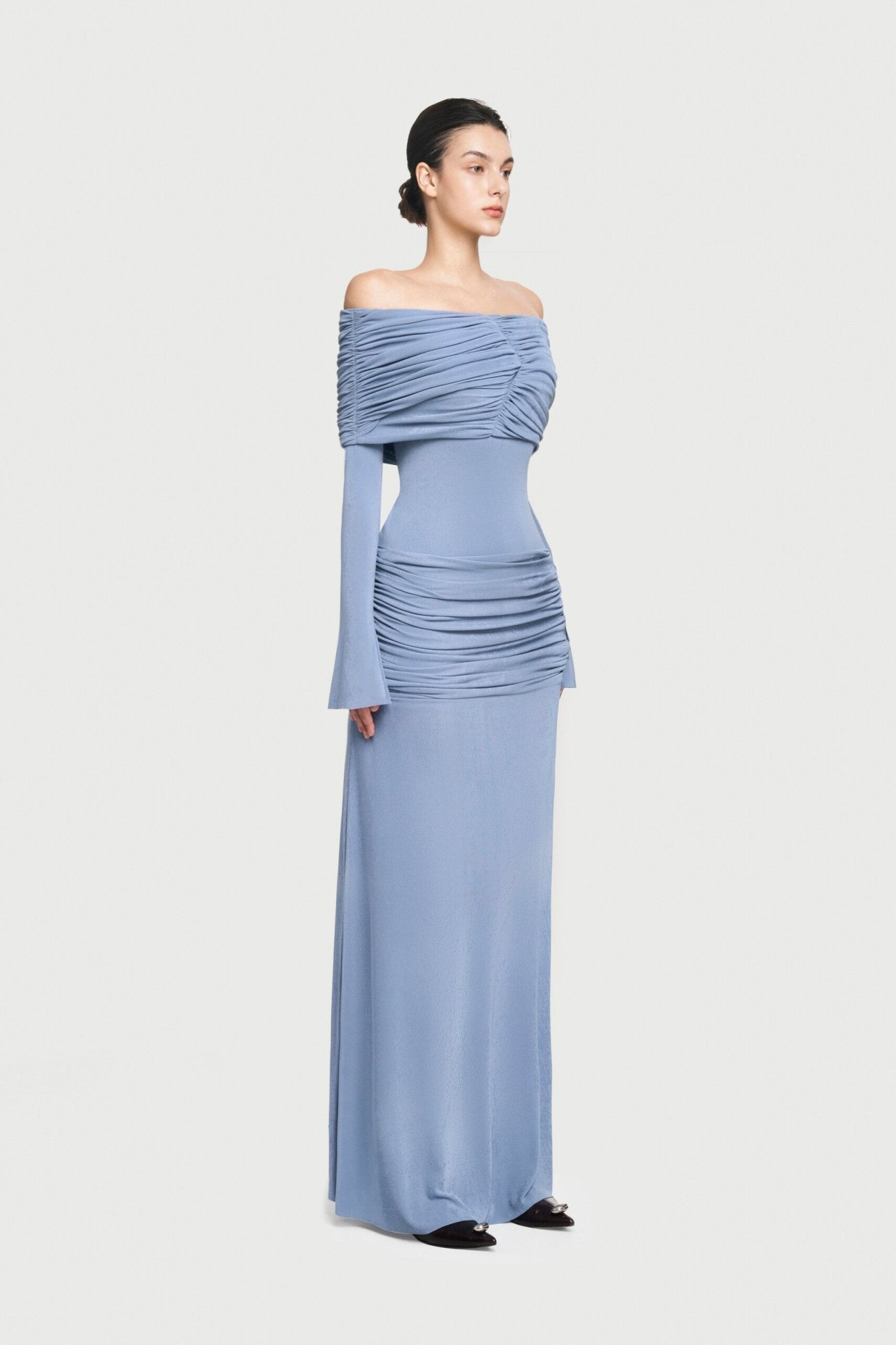 Bardot Off Shoulder Cross Twist Ruched Bodice Waist Gathered Long Sleeve Maxi Gown - MAYMOONLY