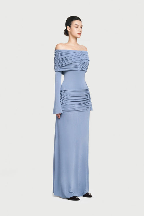 Bardot Off Shoulder Cross Twist Ruched Bodice Waist Gathered Long Sleeve Maxi Gown - MAYMOONLY