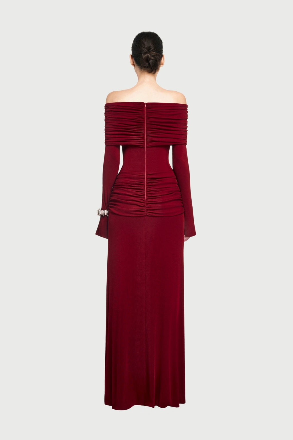 Bardot Off Shoulder Cross Twist Ruched Bodice Waist Gathered Long Sleeve Maxi Gown - MAYMOONLY