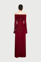 Bardot Off Shoulder Cross Twist Ruched Bodice Waist Gathered Long Sleeve Maxi Gown - MAYMOONLY