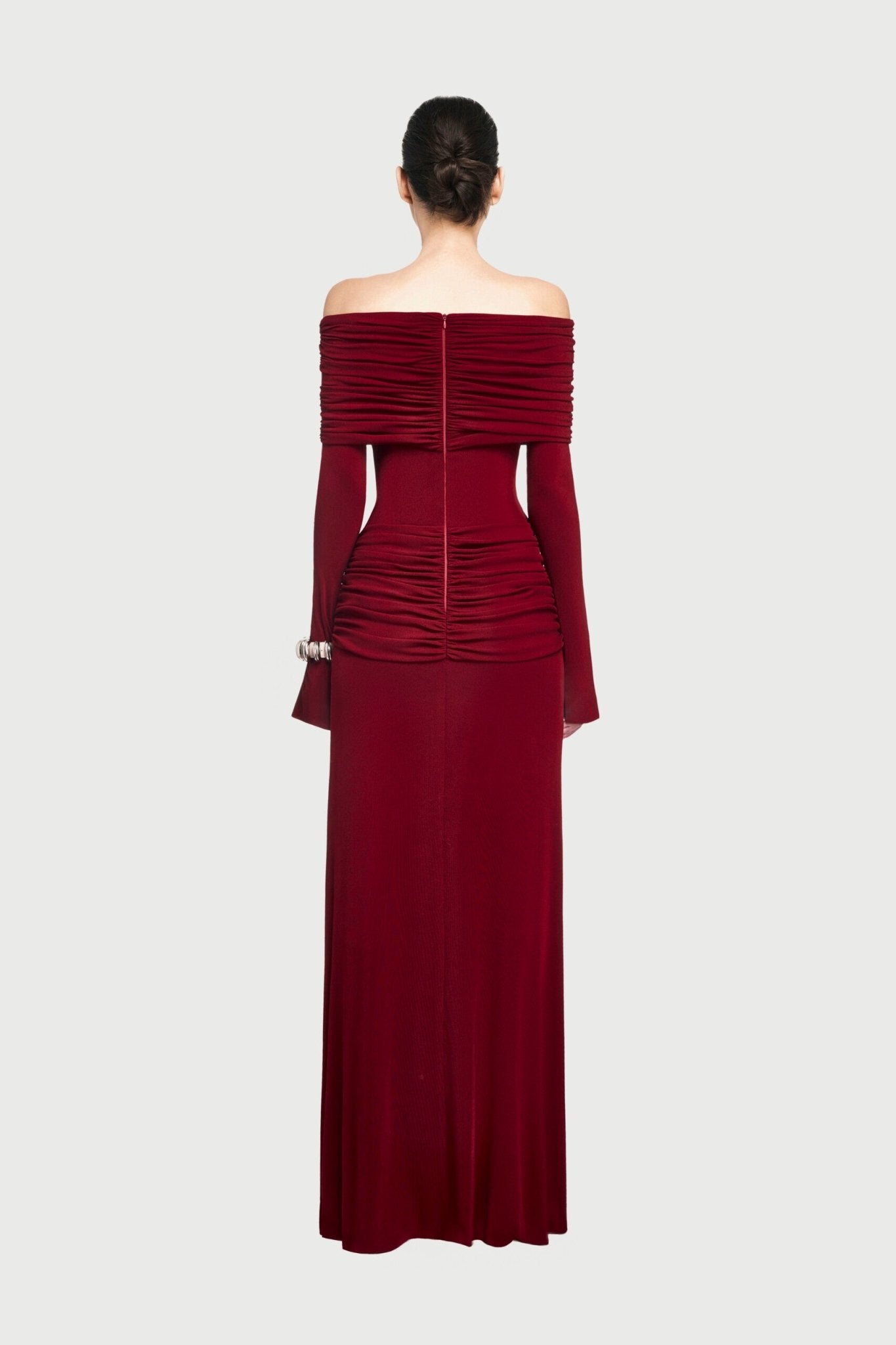 Bardot Off Shoulder Cross Twist Ruched Bodice Waist Gathered Long Sleeve Maxi Gown - MAYMOONLY