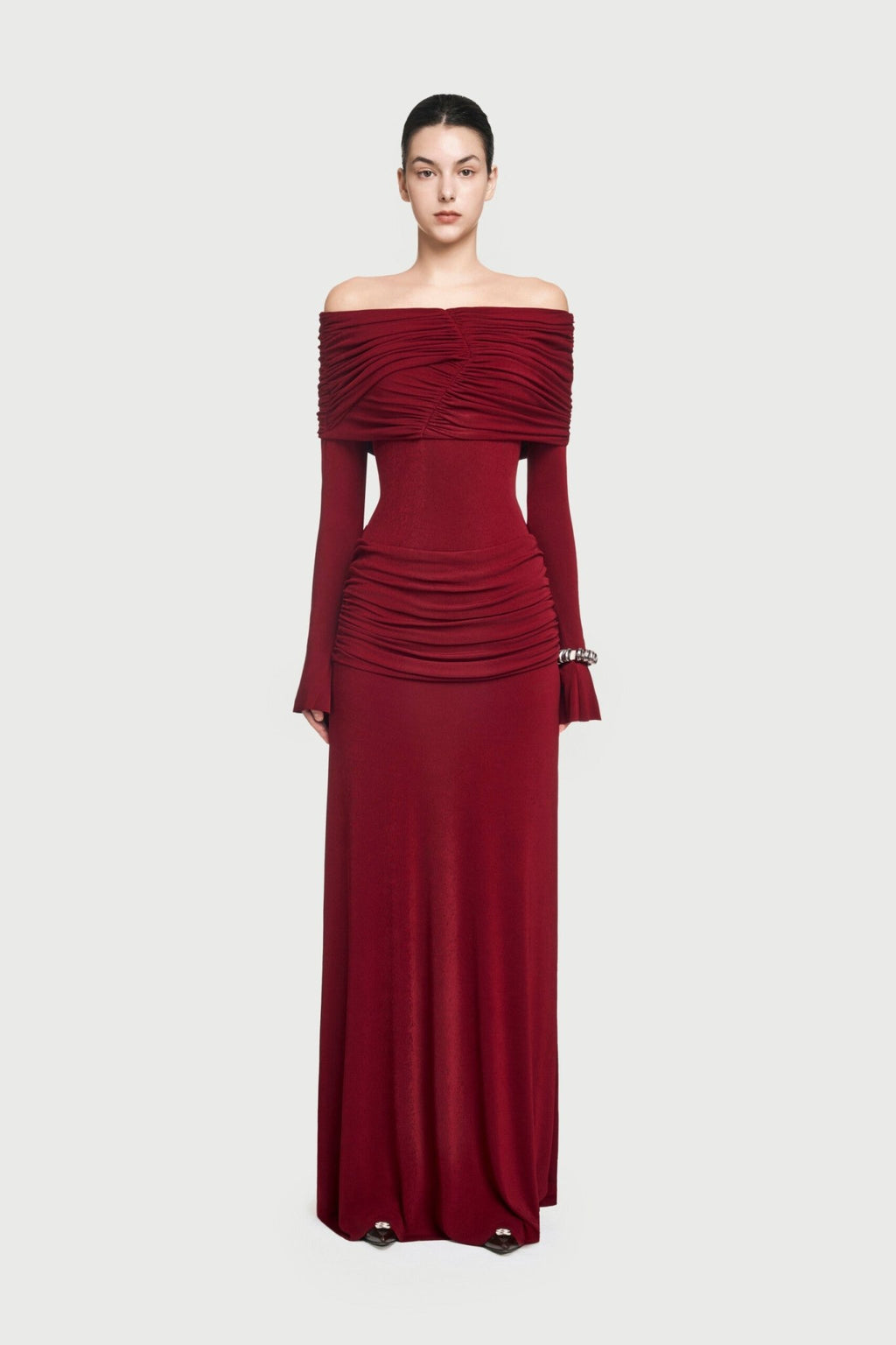Bardot Off Shoulder Cross Twist Ruched Bodice Waist Gathered Long Sleeve Maxi Gown - MAYMOONLY