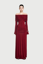 Bardot Off Shoulder Cross Twist Ruched Bodice Waist Gathered Long Sleeve Maxi Gown - MAYMOONLY