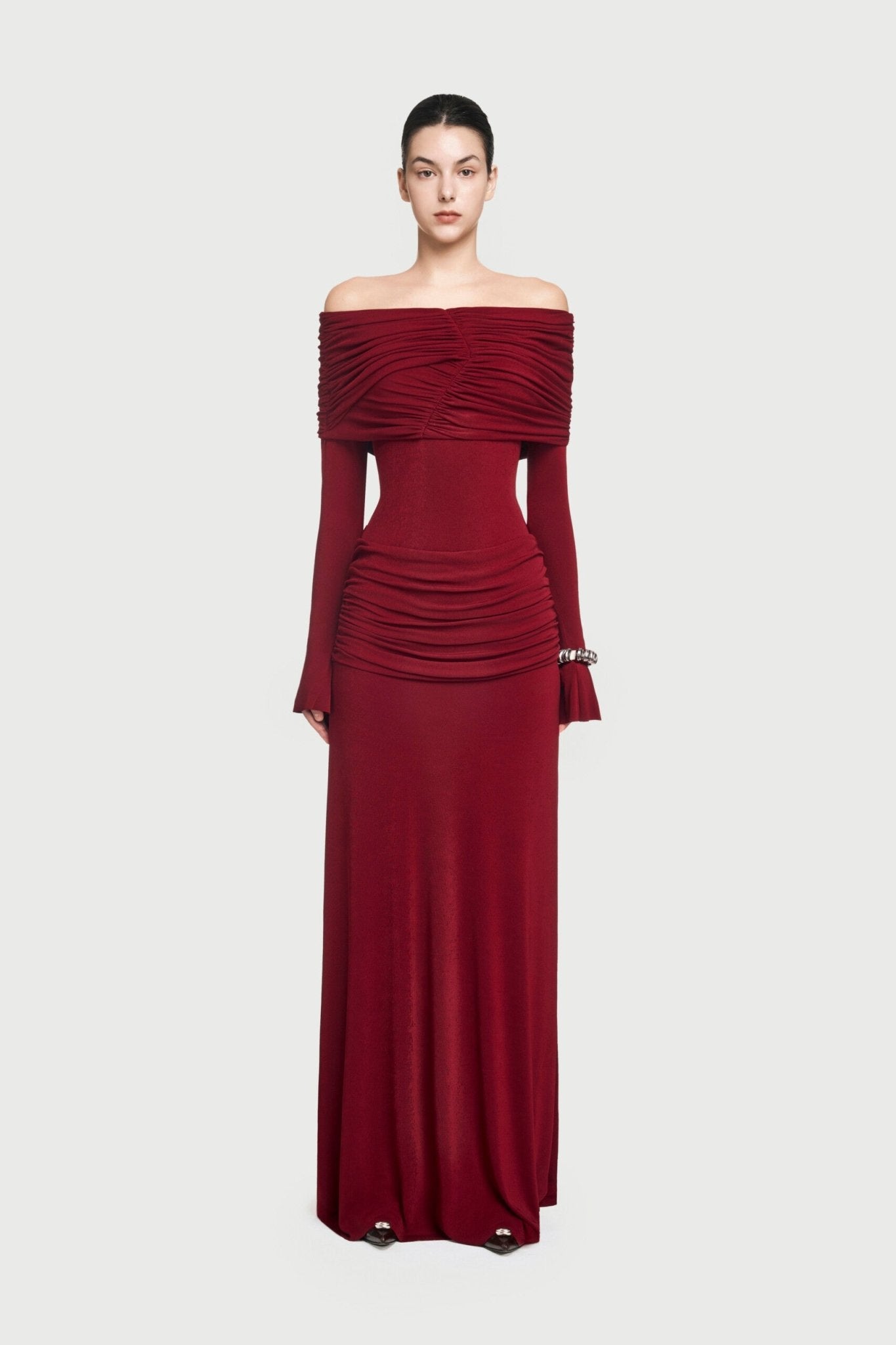 Bardot Off Shoulder Cross Twist Ruched Bodice Waist Gathered Long Sleeve Maxi Gown - MAYMOONLY