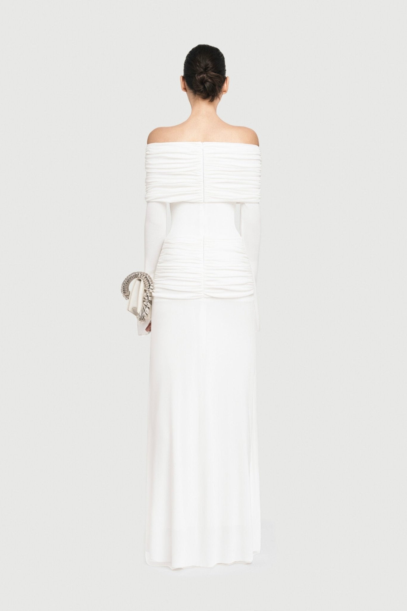 Bardot Off Shoulder Cross Twist Ruched Bodice Waist Gathered Long Sleeve Maxi Gown - MAYMOONLY