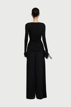 Boat Neck Long Sleeve Diagonal Cross Ruched Waist Slim Stretch Knit Top - MAYMOONLY
