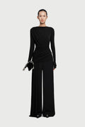 Boat Neck Long Sleeve Diagonal Cross Ruched Waist Slim Stretch Knit Top - MAYMOONLY