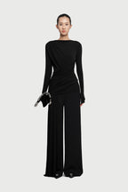 Boat Neck Long Sleeve Diagonal Cross Ruched Waist Slim Stretch Knit Top - MAYMOONLY