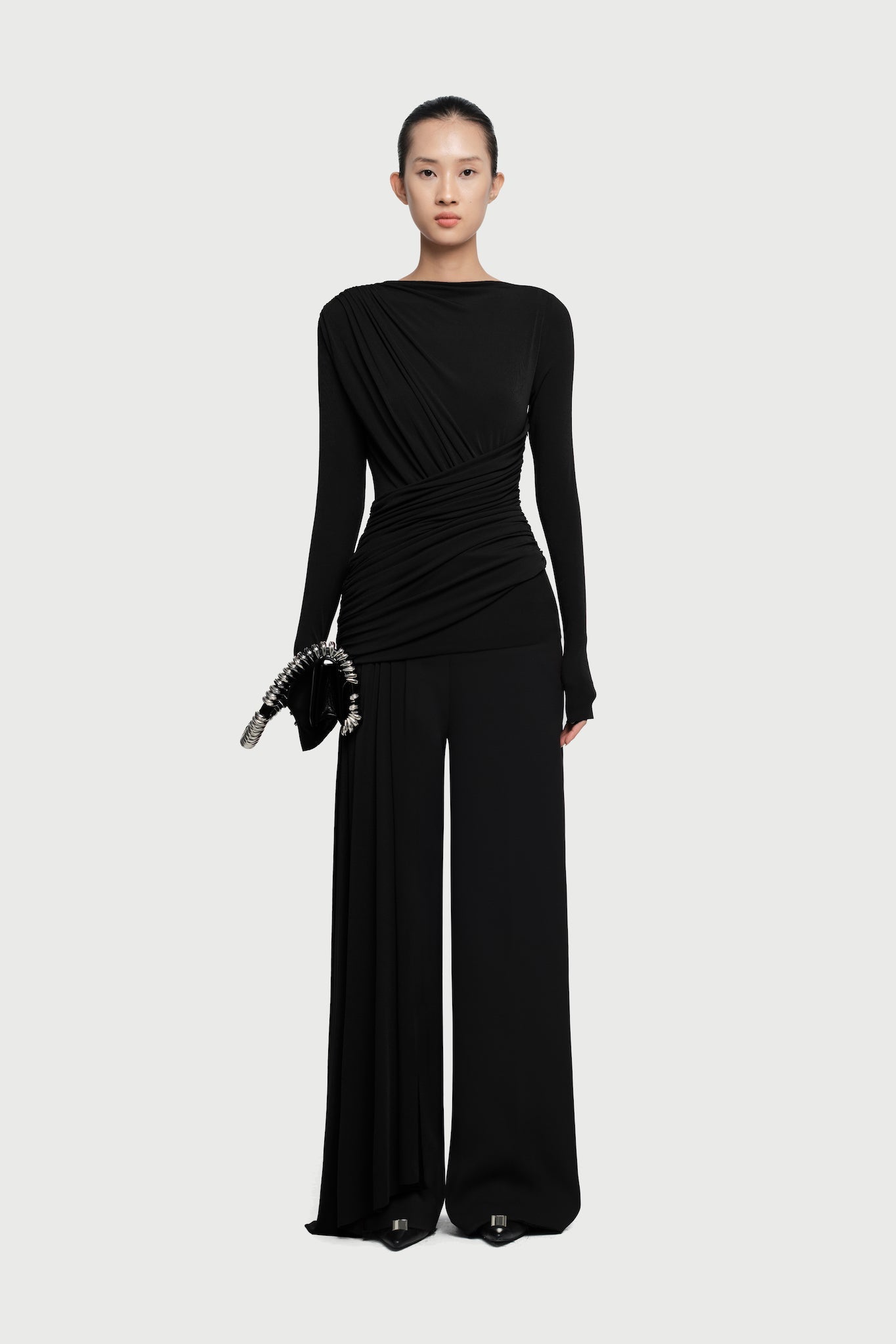 Boat Neck Long Sleeve Diagonal Cross Ruched Waist Slim Stretch Knit Top - MAYMOONLY