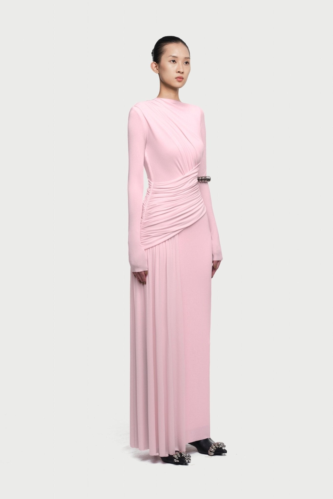 Boat Neck Long Sleeve Diagonal Cross Wrap Ruched Waist Asymmetric Side Panel Maxi Gown - MAYMOONLY