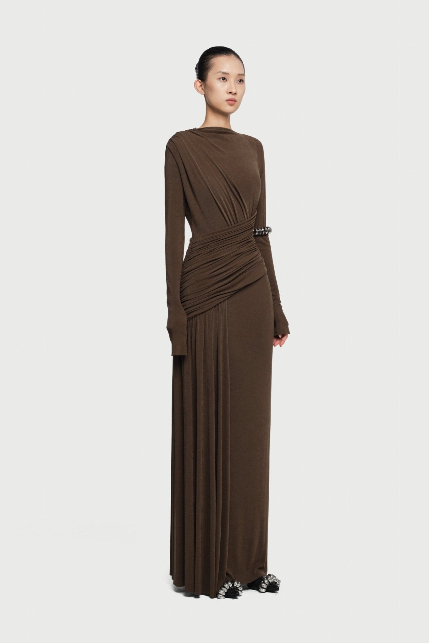 Boat Neck Long Sleeve Diagonal Cross Wrap Ruched Waist Asymmetric Side Panel Maxi Gown - MAYMOONLY