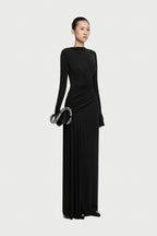 Boat Neck Long Sleeve Diagonal Cross Wrap Ruched Waist Asymmetric Side Panel Maxi Gown - MAYMOONLY