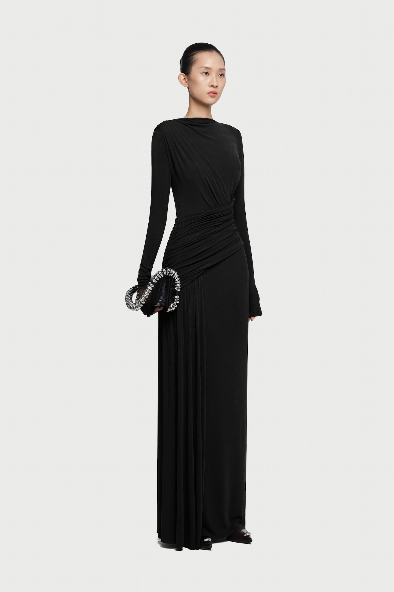 Boat Neck Long Sleeve Diagonal Cross Wrap Ruched Waist Asymmetric Side Panel Maxi Gown - MAYMOONLY