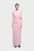 Boat Neck Long Sleeve Diagonal Cross Wrap Ruched Waist Asymmetric Side Panel Maxi Gown - MAYMOONLY