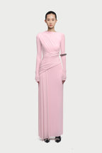 Boat Neck Long Sleeve Diagonal Cross Wrap Ruched Waist Asymmetric Side Panel Maxi Gown - MAYMOONLY