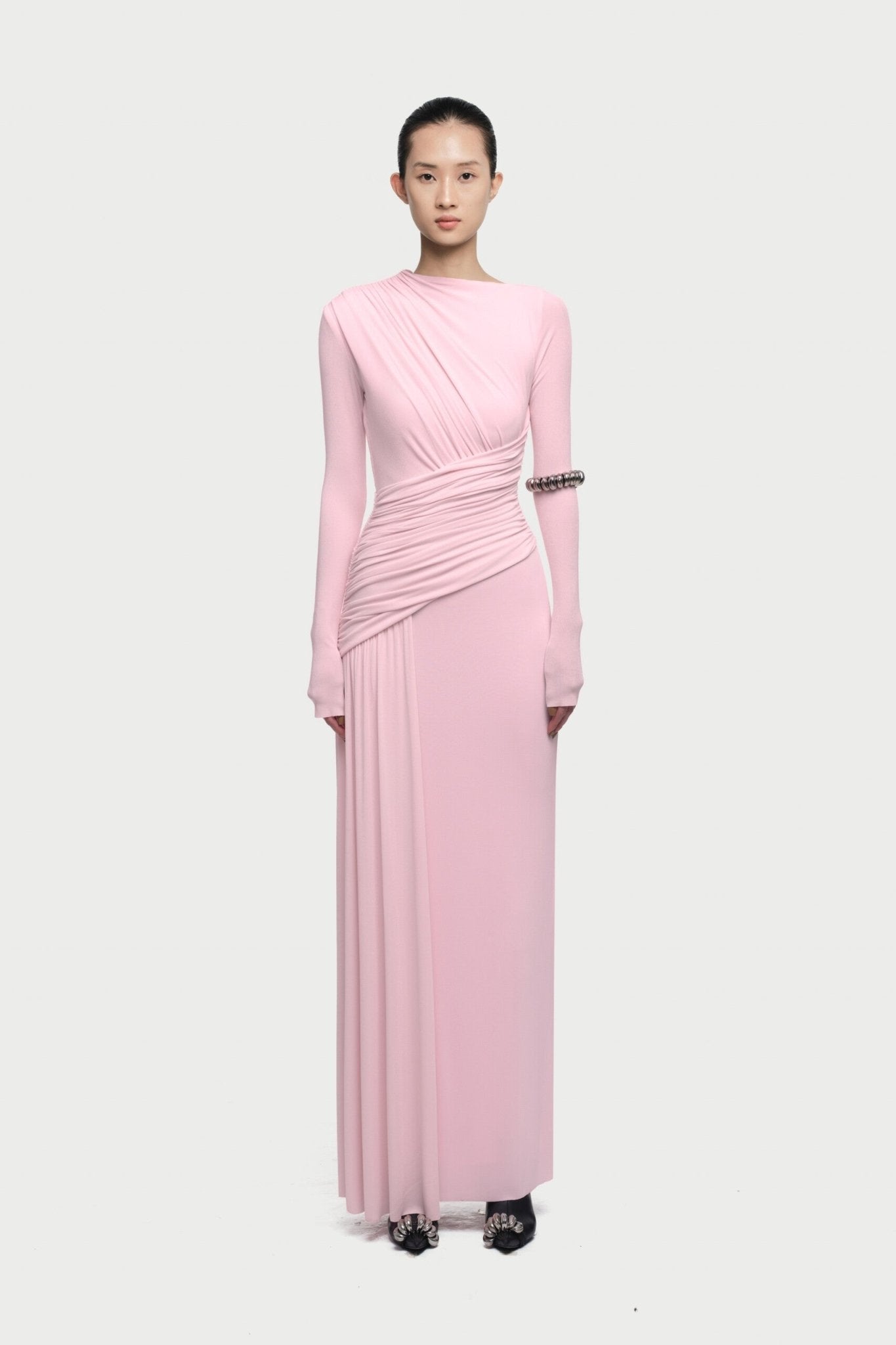 Boat Neck Long Sleeve Diagonal Cross Wrap Ruched Waist Asymmetric Side Panel Maxi Gown - MAYMOONLY