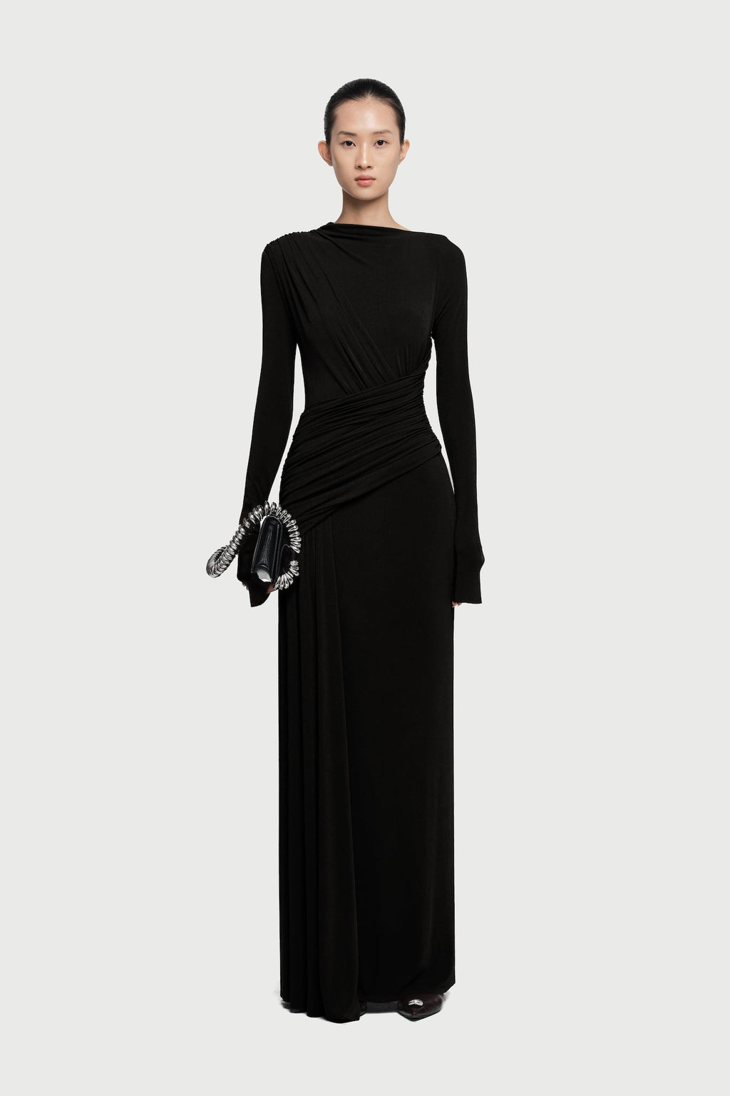 Boat Neck Long Sleeve Diagonal Cross Wrap Ruched Waist Asymmetric Side Panel Maxi Gown - MAYMOONLY
