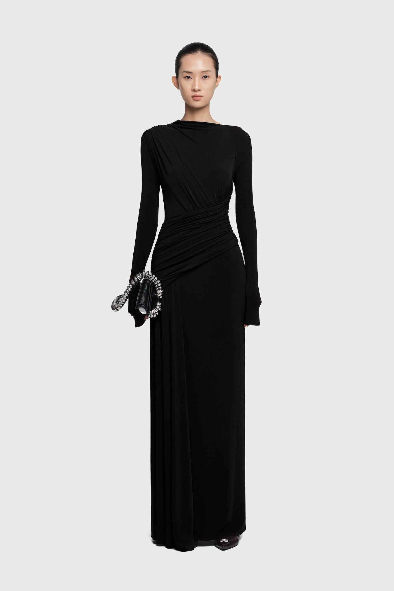 Boat Neck Long Sleeve Diagonal Cross Wrap Ruched Waist Asymmetric Side Panel Maxi Gown - MAYMOONLY