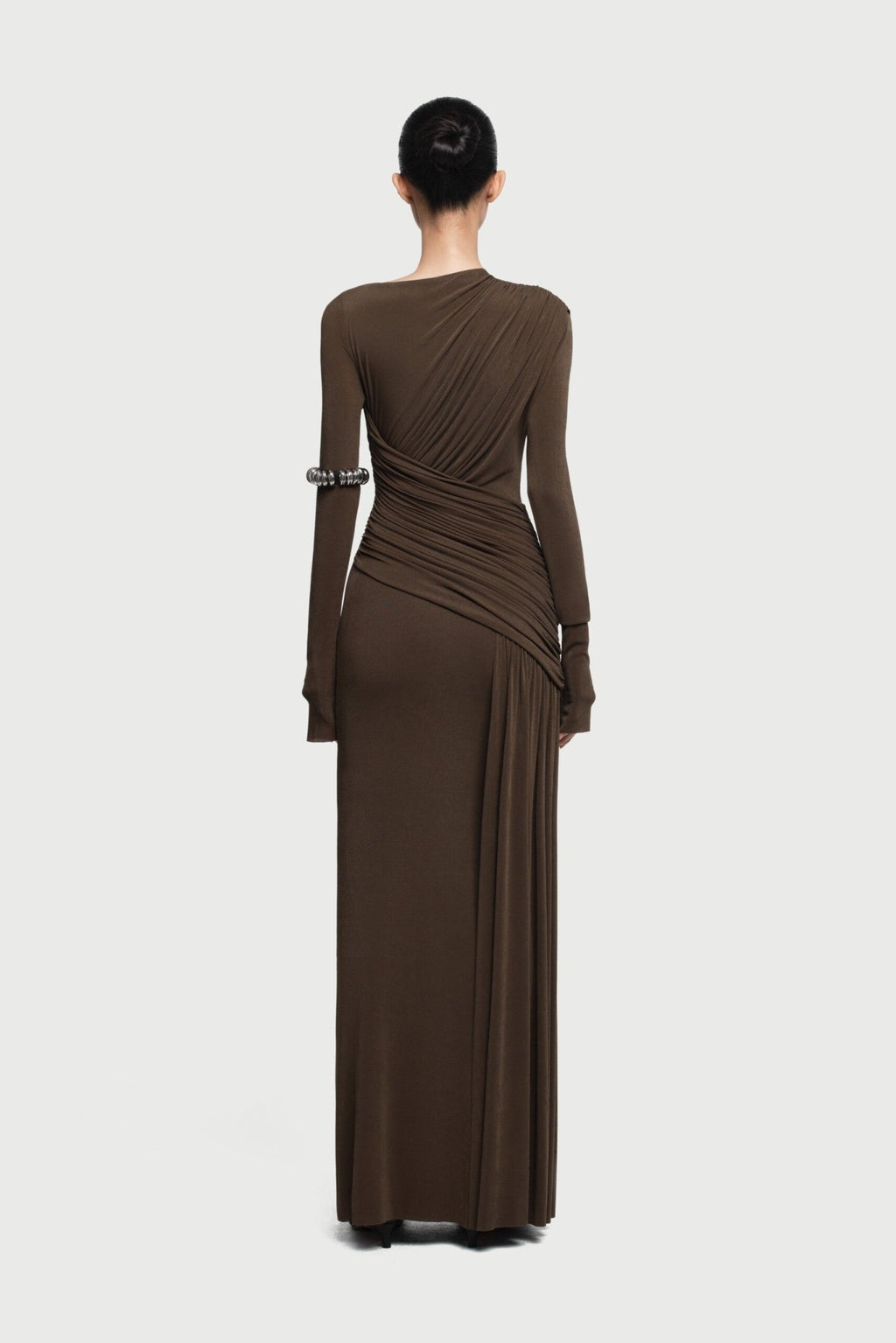 Boat Neck Long Sleeve Diagonal Cross Wrap Ruched Waist Asymmetric Side Panel Maxi Gown - MAYMOONLY