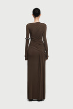 Boat Neck Long Sleeve Diagonal Cross Wrap Ruched Waist Asymmetric Side Panel Maxi Gown - MAYMOONLY